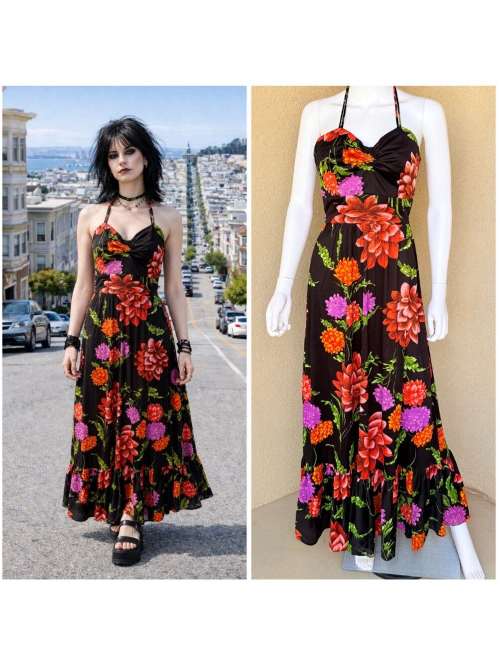 1970s Pinup Floral Halter Maxi Dress
